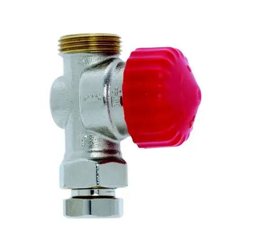 Thermostatventil von IMI Hydronic Engineering mit rotem Drehknopf und metallischer Oberfläche, ausgestattet mit Anschlussmöglichkeit für Rohrleitungen.